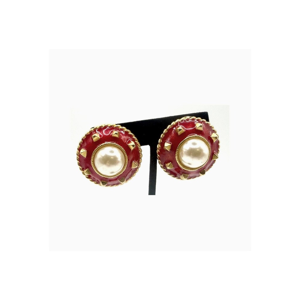 Signed YOSCA Gold Red Pearl Clip On Earrings 1.5" Gerard Yosca